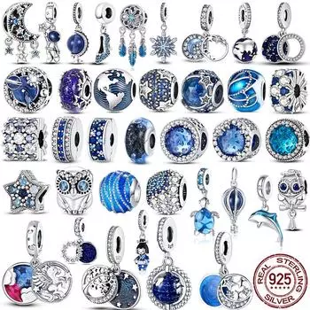 Серебро S925, синие бусины серии, подходят для браслета, оригинальный дизайн, сделай сам, подвески со звездой, луной и галактикой для изготовления ювелирных изделий