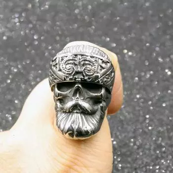 Серебряное кольцо S925, ретро-кольцо с бородой, полированное панк-кольцо, мужское кольцо с черепом 7