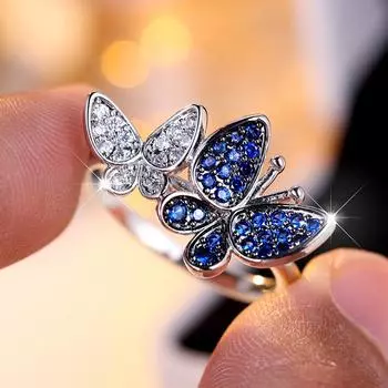 Серебряное кольцо с двумя бабочками, белое, синее, цирконовое, обручальное кольцо для женщин, ювелирное изделие, подарок 6