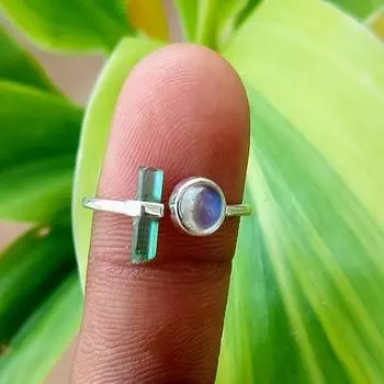 Серебряное кольцо с радужным лунным камнем и зеленым турмалином на Рождество 6.5 US