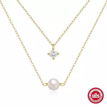 Серебряное ожерелье S925 пробы с двумя слоями, простое, с инкрустированными жемчугом и бриллиантами, беззаботное, с уличным аукционом, хипстерское женское ожерелье на ключицу 925 Silver золотой