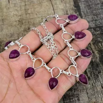 Серебряное ожерелье с рубинами из Кашмира, ожерелье с рубинами из Кашмира, ожерелье с драгоценными камнями, ювелирные изделия из стерлингового серебра 925 пробы, изящное ожерелье с кристаллами из серебра 925 пробы для нее 20 розовый