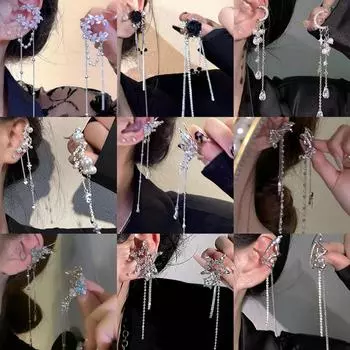 Серебряные игольчатые клипсы-кисточки в форме звезды и луны: Блестящий циркон, милый и классный стиль, без пирсинга