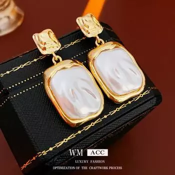 Серебряные игольчатые плиссированные серьги с квадратным жемчугом, модные серьги во французском стиле ретро с легкой роскошью и ощущением высокого класса