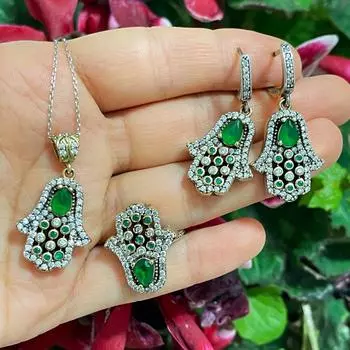 Серебряные наборы для рук Hamsa, комплекты ювелирных изделий с изумрудным камнем, серебряные украшения в османском стиле, ювелирные изделия для рук Hamsa, набор из стерлингового серебра 925K