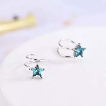 Серебряные серьги S925 корейской пробы с синими кристаллами в форме звезды и вращающимся дизайном ES355 белый
