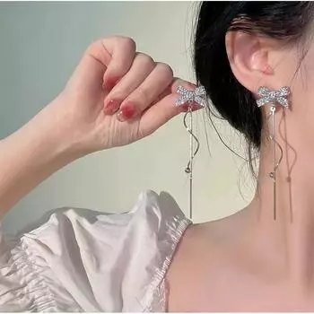 Серебряные серьги с кисточками и бантом, серьги-клипсы с кристаллами для женщин, ювелирные аксессуары