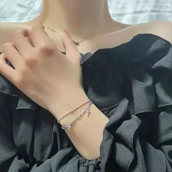 Серебряный браслет S925, браслет INS, простой двухслойный дизайн с кисточкой, крестовый браслет silver