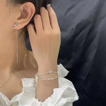 Серебряный браслет S925, двухслойный браслет с четырехконечной звездой, новый браслет со звездой из циркона