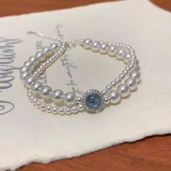 Серебряный браслет S925 Sea Blue Pearl для женщин, элегантный двухслойный браслет с бусинами