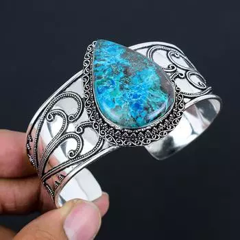 Серебряный браслет с натуральным бирюзовым камнем | Серебро 925 пробы | Регулируемый браслет-манжета | Серебряный браслет ручной работы для женщин и девушек
