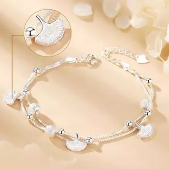 Серебряный браслет, женский подарок Qixi для подруги, двухслойные роскошные украшения с цветком гинкго Adjustable size