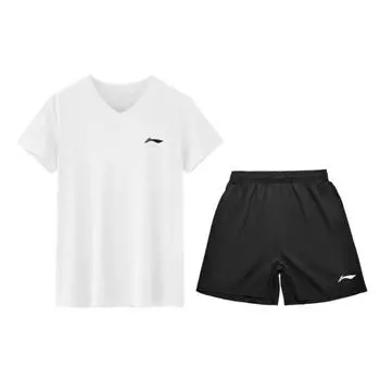 Серия для настольного тенниса Li Ning Однотонная футболка с V-образным вырезом, дышащая, с коротким рукавом, шорты со средней посадкой, повседневный спортивный комплект, унисекс, комплекты AATV055-2 L