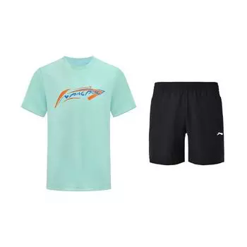 Серия для настольного тенниса Li Ning Пуловер с принтом букв Удобный круглый вырез Короткий рукав Универсальные быстросохнущие шорты Повседневный спортивный комплект AHSV611-2+AKSU789-3 S