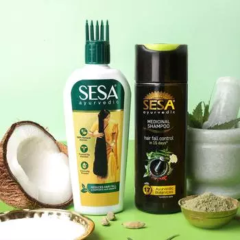 Sesa Ayurvedic Лекарственный набор для ухода за волосами для контроля выпадения и роста волос | Аюрведическое масло для волос - 200 мл и лечебный шампунь - 200 мл