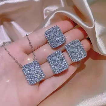 Set Cincin Pernikahan Mewah untuk Wanita Putih Persegi Penuh Zirkon Pertunangan Emas Putih Set Perhiasan Emas Asli 3 Buah Hadiah Pesta Ulang Tahun WHITE