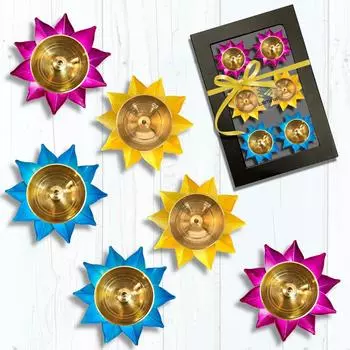 Set of 1BOX Lotus Shaped Small Brass Diya for Puja (6Diyas 3inch Multicolor Petals) Center Wick Holder Pital Akhand Deep Vilakku for Home Dcor,