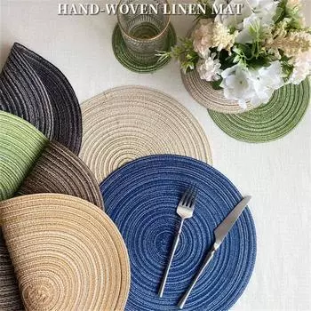 Set of 6 36cm/38cm Ramie Round Table Mat Braided Placemats Washable Non-Slip Kitchen Dining Tableware Bowl Pads Cup Coasters Round