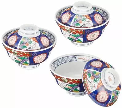 Set of Large tea bowl with Nishiki peony lid bowl x Japanese Commercial 3, lid, [15.5 11.8cm] [Restaurant, Inn, tableware, Restaurant, use, Tableware,