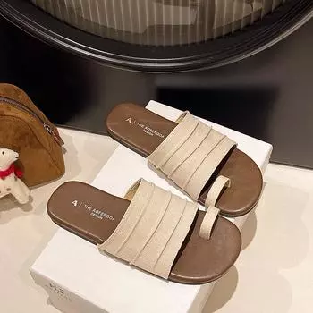 Set of toe slippers for women s summer wear, new one-pedal cloth one-word drag flat bottom temperament versatile beach sandals 35