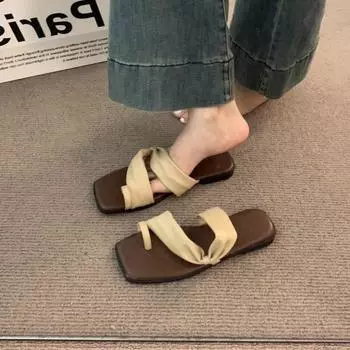 Set of toe slippers for women to wear in summer, new French stunning fairy with skirt, women s flat-bottomed beach sandals 35 хаки