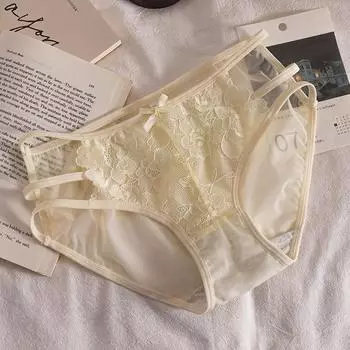 Сетчатые трусики, женское нижнее белье, сексуальные кружевные антибактериальные трусики со средней талией, полые треугольные прозрачные удобные трусики больших размеров M чёрный