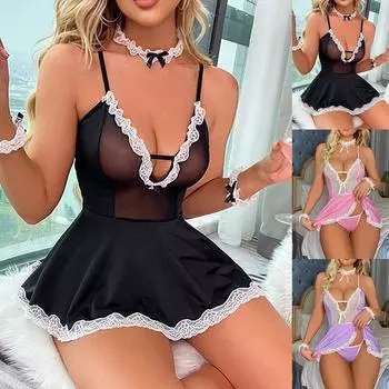 Сексуальная одежда для сна, ночное платье с глубоким V-образным вырезом, женская ночная рубашка, кружевная ночная рубашка, нижнее белье, мини-платье без рукавов, домашняя одежда, эротическое платье ZPG M чёрный