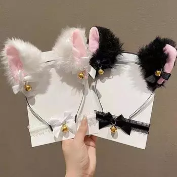 Сексуальная повязка на голову с кошачьими ушками для женщин и девочек, кружевное ожерелье с бантом, плюшевая повязка для волос с колокольчиком, косплей, маскарадный костюм, аксессуары для волос чёрный