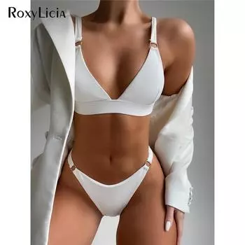 Сексуальное бикини с высоким вырезом в рубчик, женские купальники, женский купальник, комплект из двух частей, мягкий купальный костюм, купальный костюм для женщин S чёрный