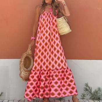 Сексуальное длинное платье с открытыми плечами и круглым вырезом, платье в клетку с ромбовидным принтом S красный