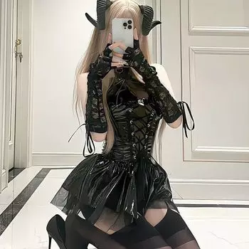 Сексуальное косплей платье из искусственной кожи для женщин Harajuku Streetwear бандажное платье с вырезами летучих мышей панк Y2k Girl Mall готическая одежда M