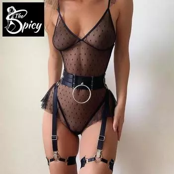 Сексуальное кружевное боди в горошек от Spicy Girl с поясом для чулок Экологичная упаковка S