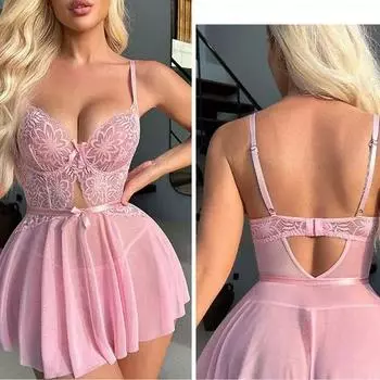 Сексуальное кружевное нижнее белье для женщин, прозрачное розовое платье, пижамы с открытой спиной, нижнее белье Babydoll, эротическое сетчатое прозрачное ночное белье, ночная сорочка S