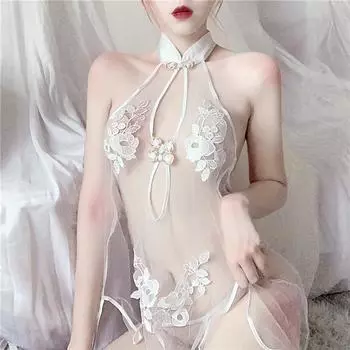 Сексуальное нижнее белье с вырезом на шее, прозрачная сетка, сексуальная прозрачная ночная рубашка, соблазн, вышитый чонсам One Size (80-62.5 kg)