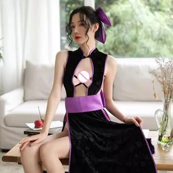 Сексуальное нижнее белье с высоким разрезом без рукавов Cheongsam китайское традиционное эротическое платье сексуальное женское нижнее белье с бантом XXS
