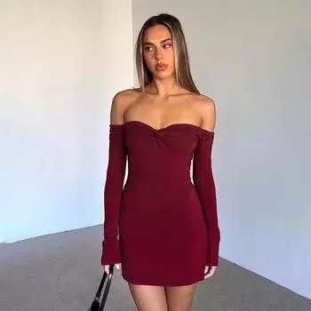 Сексуальное платье на одно плечо с открытой спиной и длинным рукавом Женское осеннее платье Spice S бордовый