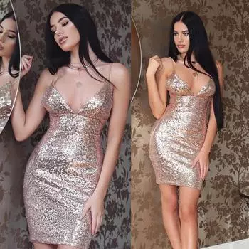Сексуальное платье с пайетками на бретельках, золотые блестки, блестящая клубная одежда с v-образным вырезом и открытой спиной, ступенчатая юбка с высокой талией