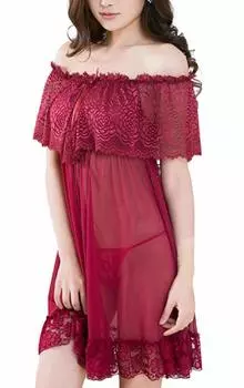 Сексуальное женское белье большого размера, ночная рубашка Babydoll с открытыми плечами, кружевная ночная рубашка, красная ночная рубашка [Loca Loca] прозрачная (Красное вино)