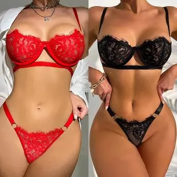 Сексуальное женское нижнее белье с кружевом, прозрачным стальным кольцом, поддерживающее нижнее белье, комплект нижнего белья с эффектом пуш-ап, костюм для сна больших размеров, эротический открытый бюстгальтер M