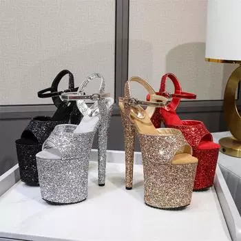 Сексуальные босоножки на платформе с очень высокой подошвой, женские каблуки 20 см, туфли-шпильки, модельный дизайн, шоу, подиум, вечеринка, большие размеры 35 чёрный