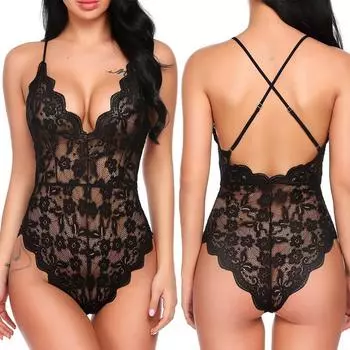 Сексуальные женские боди с кружевом на бретелях Perspective Lingerie Deep V-Neck Bodysuit M