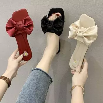 Сексуальные женские тапочки, новые пляжные шлепанцы, уличная женская однотонная атласная обувь на плоской подошве с бабочкой, женская летняя обувь без шнуровки с узлом 36 красный
