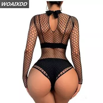 Sexy Body Stocking Fishnet Bodysuit Long Sleeve Lace Lingerie Dress Bodystocking Night Club Porno Clothes Sexy Costumes Outfits XXS
