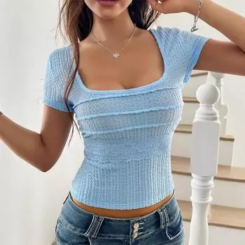 Sexy Mesh Short-sleeved Women s T-shirt for Spring and Summer S белый