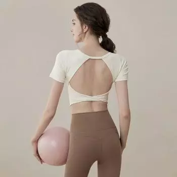 Sexy Open Back One-Piece Cup Yoga Clothes Pilates Sports Tops Silm Short Sleeve Running Training Nude Feel Workout Clothes Rice White S [Suggested 40.00 kg-50.00 kg]]