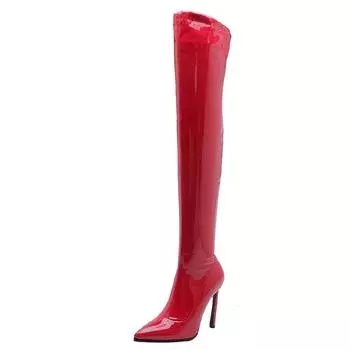Sexy Thigh High Boots For Women Sexy Point Fetish Party Shoes Lady Heels Over the Knee Boots Red Black Leather Winter Long Boots 34 красный