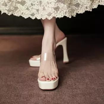 Shallow high-heeled transparent slippers for women s spring new thin-heeled super fire fairy wind sandals 34 бежевый