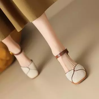 Shangsi, very easy to wear~ Square head color matching bag head sandals women s summer retro casual thick high heels 34 абрикосовый