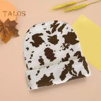 Шапка-бини с принтом молочной коровы, осень-зима, толстая теплая вязаная шапка унисекс с животным принтом, купольная шляпа с черепом, уличная одежда белый