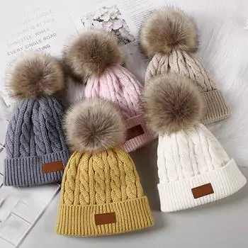 Шапка для мальчика Милая детская шапочка с помпоном Beanie Осень Зима Теплая вязаная детская шапка для девочек Однотонные эластичные детские шапки с помпоном Bonnet